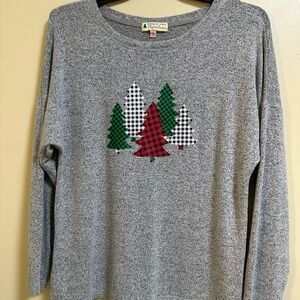 Gray Long Sleeve Top with Plaid Tree Design